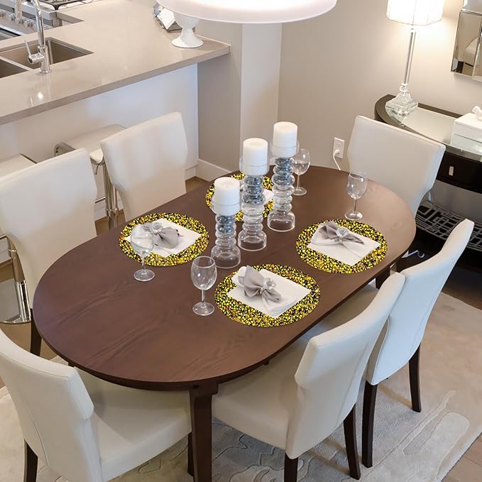 Round Placemats Set of 4 in Gold Heat Resistant Circle Bling Washable Table Mats for Dinner, Kitchen, Wedding, Decorative