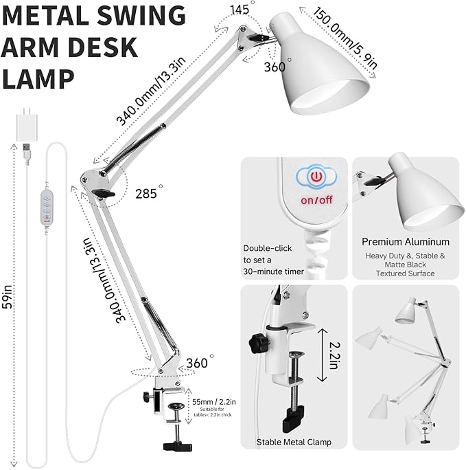 LED Desk Lamp with Clamp, 32" Architect Swing Arm Desk Lamp, Dimmable 5 Color Modes & 10 Brightness Task Light, Flexible Gooseneck Clip-on Table Lamps for Home Office Reading Nail Study Work, White