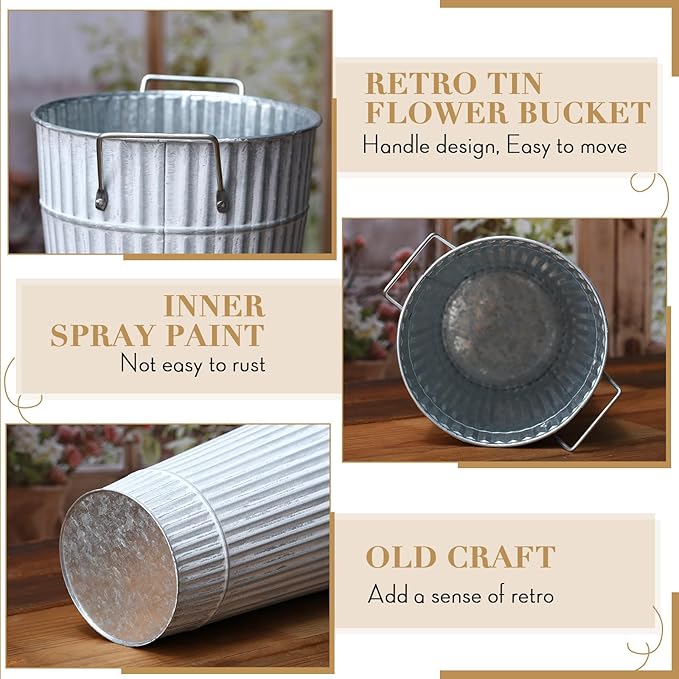 Layhit 6 Pcs 12 Inch Galvanized Flower Buckets Metal Flower Vases with Handle Farmhouse French Bucket Planter Floral Container for Flowers Wedding Bridal Shower Home Table Decor(Retro White)