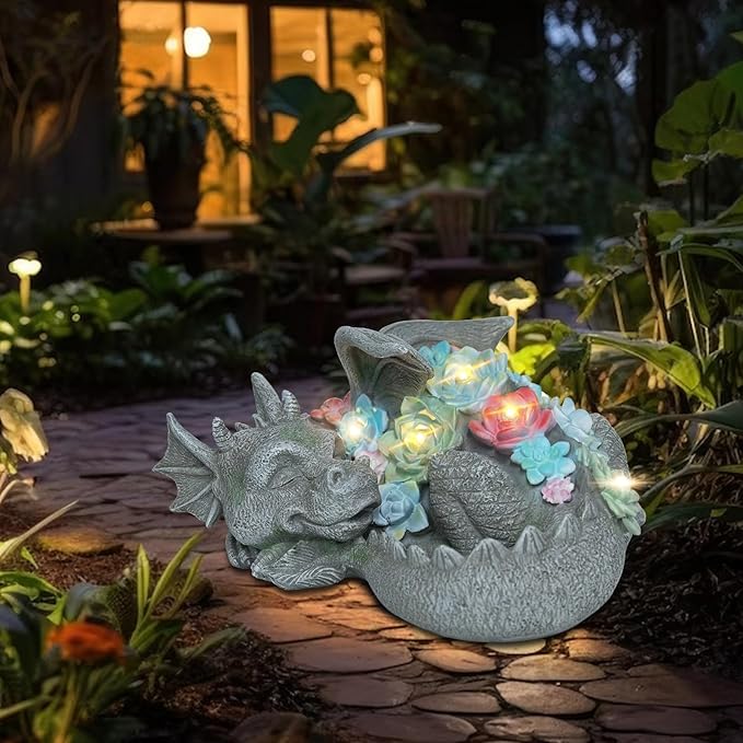 Garden Dragon Statue Outdoor Decor, Coiled Sleeping Dragon Figurine with Solar Light Succulent, Waterproof Resin Garden Sculpture for Outside Lawn Patio Yard Ornament Gifts