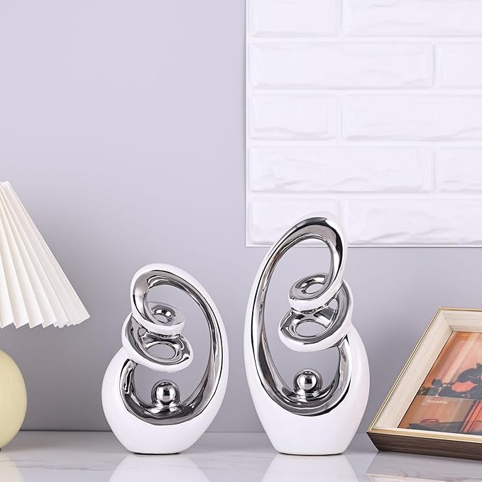 White Silver Ceramic Abstract Sculpture, Modern Accent Decor, Porcelain Statues Art Deco Show Piece for Home, Knick Knacks, TV Stand Centerpieces