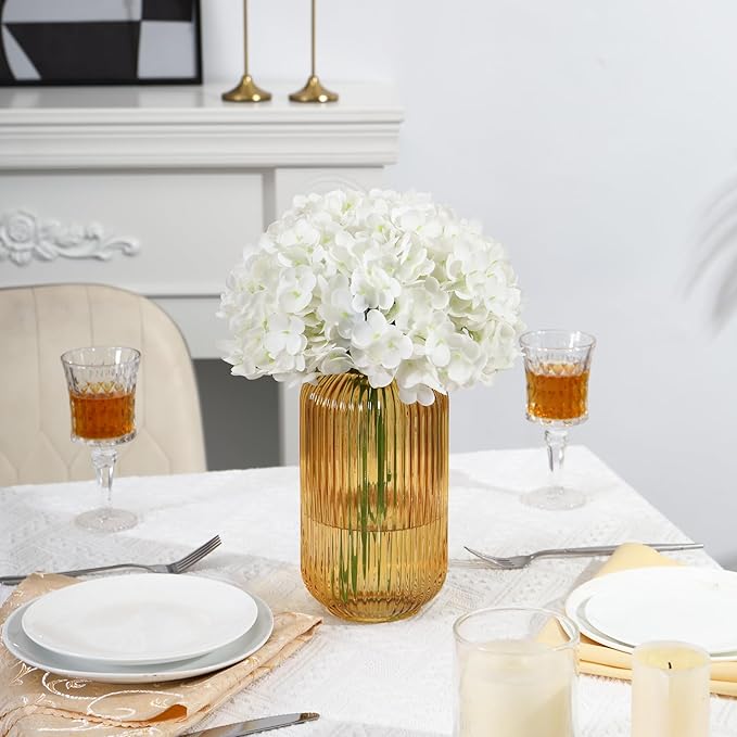 Ribbed Glass Vase, Amber Flower Vase for Bouquet, Glass Vases for Flowers, Modern Vases for Living Room, Bedroom, Kitchen, Dining Table, Office, Wedding, 8.6 Inches