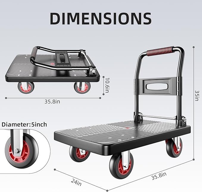 Upgraded Foldable Push Cart Dolly | 660 lbs. Capacity Moving Platform Hand Truck | Heavy Duty Space Saving Collapsible | 4‘’ TPR 360-Degree Silent Wheels | 2 Swivel Wheels and 2 Fixed Wheels