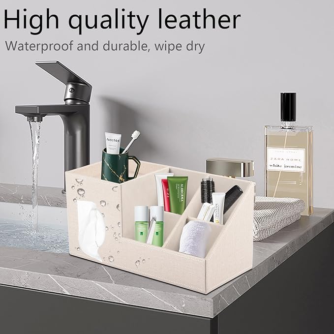 Plus Size Tissue Box Cover-Square Linen Tissue Cover with Side Storage and Tray,Modern Makeup Organizer,Leather Tissue Holder Decorative Cube Organizer for Living Room Vanity NightStand Office,Beige