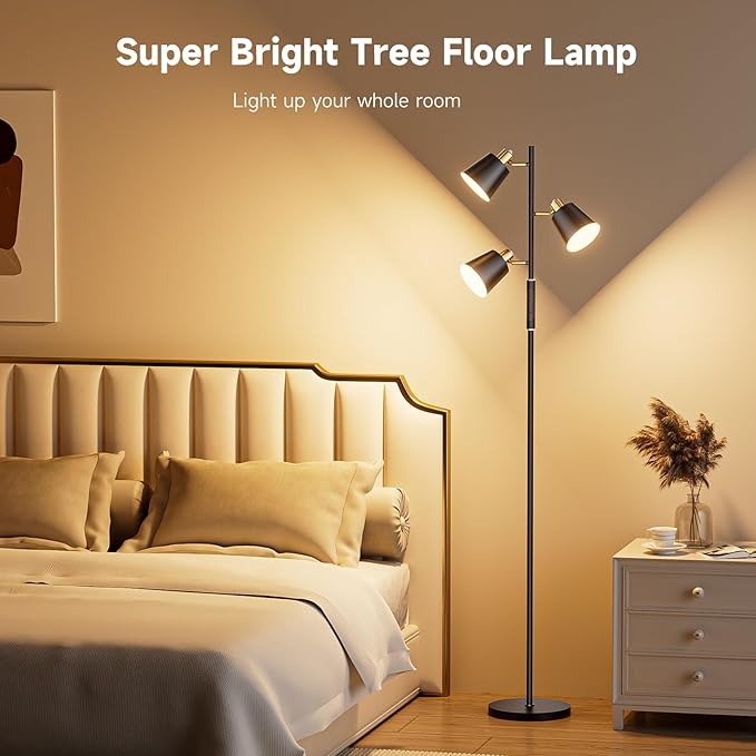 Jeagop LED Tree Floor Lamp, 2500LM Super Bright Standing Lamp with Remote & Touch Control, 4 Color Temperatures, 3 Rotatable Lights, Modern Dimmable Floor Lamps for Living Room Bedroom Office