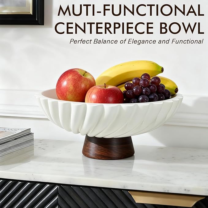 11-Inch White Concrete Decorative Fruit Bowl with Wooden Base – Modern Decorative Bowl and Key Bowl for Dining Table, Coffee Table, Kitchen & Home Décor