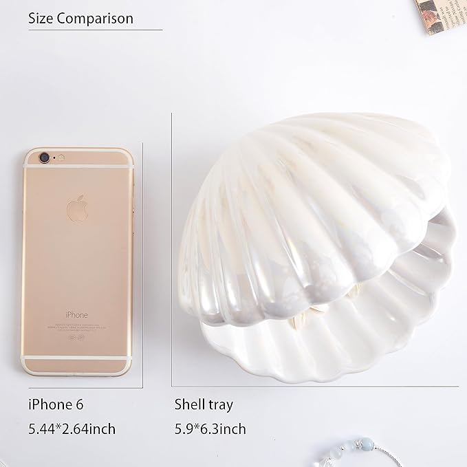 Denique Shell Jewelry Dish Tray, Ceramic Trinket Tray Clamshell Jewelry Storage Dish, Ring Holder Dish Key Bowl, Decorative Jewelry Plate, Cute Jewelry Organizer for Room Decor (White)