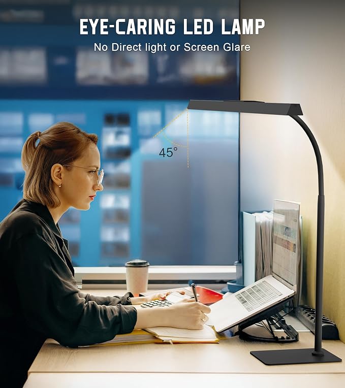 LED Desk Lamp for Home Office with Base, Eye-Caring Architect Task Light with Adjustable Gooseneck 12W USB Adapter Touch Control 5 Dimmable Brightness & Color Tall Lamp for Reading, Craft