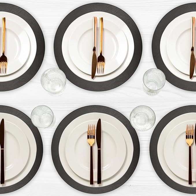 Morgan Faux Leather Round Set of 12 Placemats, 15", Black, Heat Resistant, Stain Resistant, Non-Slip, Reversible, Durable Table Mats for Kitchen, Dining Table, Indoor Washable Use