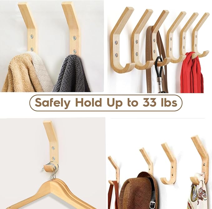 Wooden Coat Hooks Wall Hooks,Rustic Natural Oak Wood Wall Hooks for Hanging Decorative Vintage Organizer Heavy Duty Entryway Wall Mounted Hangers Hooks for Hat Rack,Coats,Towels, Key,Bags(4 Pack)