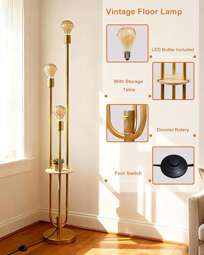 Lightdot Gold Floor Lamp for Living Room, Dimmable Vintage Floor Lamp with Shelf & E26 Base Bulbs, 3 Light 3000K Warmwhite Mid Century Standing Lamp for Reading, Tall Lamp for Bedroom Office