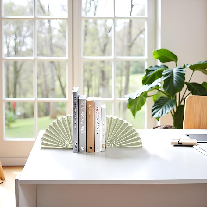 Off-White Fan Shape Bookends Set of 2 – Minimalist Resin Decorative Book Stoppers, Modern Book Ends for Home Office Shelf Organizer