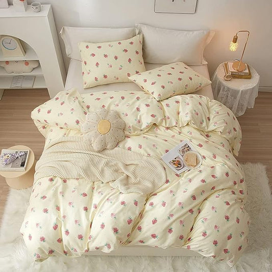 LifeTB Cute Strawberry Duvet Cover Queen 3 Pieces Strawberry Bedding Set Kawaii Bedroom Decor 100% Cotton Comforter Cover Kids Teen Girls Fruit Bedding Duvet Cover with 2 Pillowcases, Cream White
