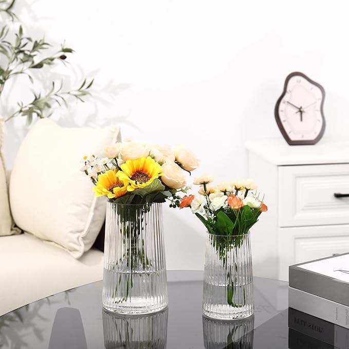 Ribbed Flower Vases Set of 2, Clear Vases for Flowers, Flower Vase for Bouquet, Modern Ribbed Glass Vase for Living Room, Bedroom, Dining Table, Office, Wedding, Centerpieces