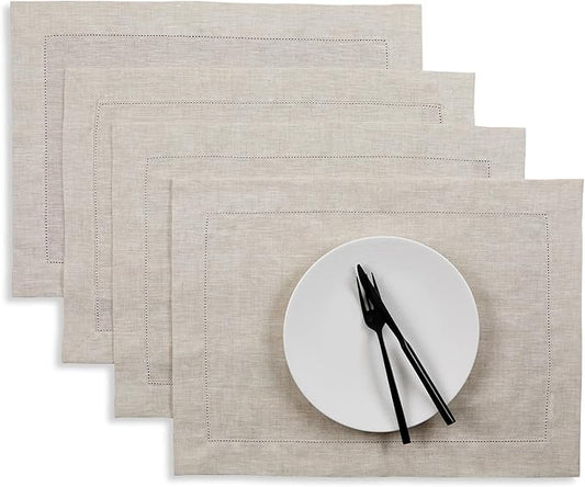 Solino Home Linen Placemats Set of 4 - Classic Hemstitch Light Natural Placemats 14 x 19 Inch - 100% Pure Linen Table Mats for Spring, Easter