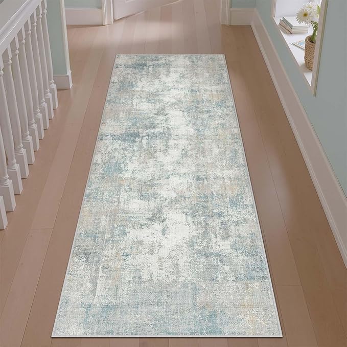 WondRg 2x6 Washable Runner Rug Blue Cream Abstract Hallway Kitchen Throw Rug Neutral Modern Non Slip Soft Low Pile Lightweight Carpet for Bathroom Laundry Bedroom Living Room