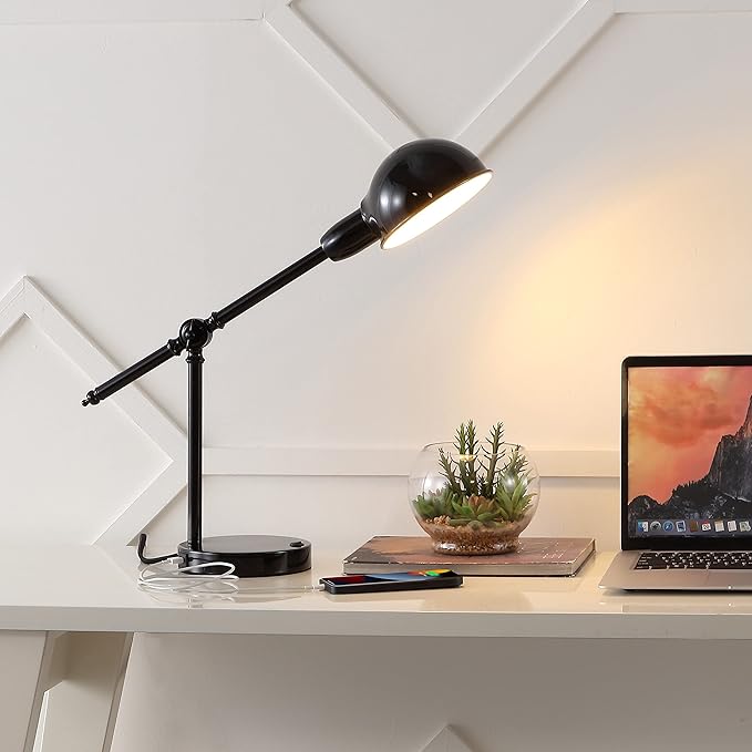 JONATHAN Y JYL7123A 20.25" Industrial Desk Lamp with USB Port, Vintage Black Metal Task Lamp with Adjustable Dome Shade for Home Office Reading, Bedside Nightstand Lamp for Bedroom, LED Bulb Included