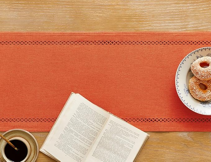 Fall Table Runner Decorations, Burlap Style Farmhouse 13 x 60 Inch Orange Table Runner, Rustic Geometric Hollow Table Runners 60 Inches Long for Autumn Thanksgiving Decorations, 13x60 Inches, Orange