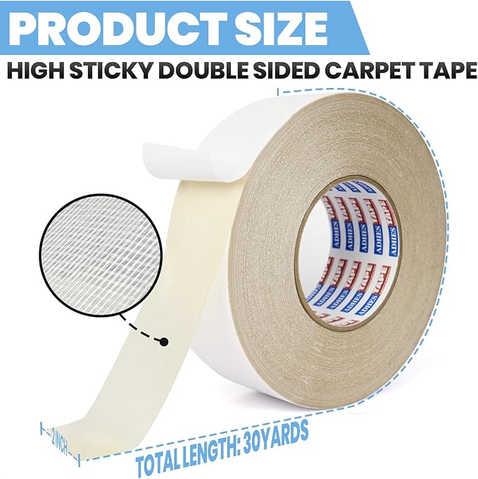 ADHES Double Sided Carpet Tape for Area Rugs – 2 Inch x 30 Yards, Heavy Duty Adhesive, Residue-Free, Rug Tape Gripper for Hardwood Floors, Tile, and Carpeted Surfaces – Easy to Apply