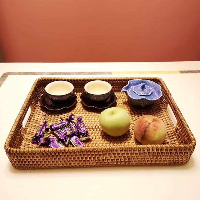 i-lan 17 Inch Oversize Handmade Rectangular Serving Trays with Cutout Handles and 2.3” Wall,Decorative Rattan Woven Storage Baskets Organizer Plate Tray for Bread,Fruits,Catch All Dish,XL,Brown