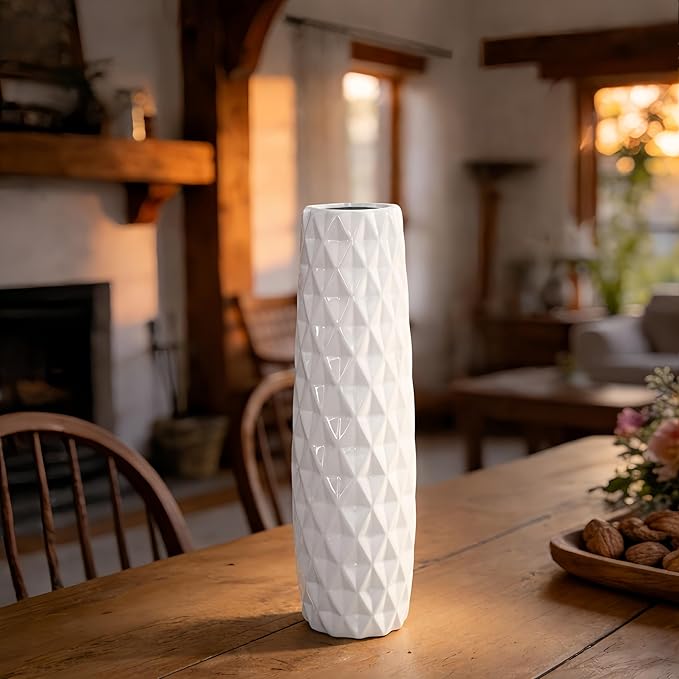 12 Inch White Vase Ceramic Flower Vase, Tall Vases for Pampas Grass, Home Decor, Modern Textured Vases for Living Room Decorations,Table Centerpieces,Shelf,Farmhouse Small Ceramic Vase