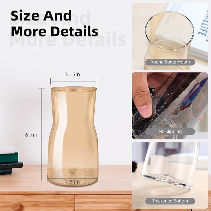 8 Inch Handmade Iridescent Glass Vase - Modern Boho Centerpiece for Flowers, Wedding, Home & Office Decor, Lightweight Clear Glass Table Vase, Unique Housewarming or Birthday Gift (Amber)