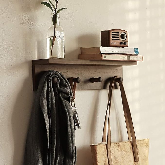 Entryway Coat Rack Hooks with Shelf, Sturdy Wooden Floating WallOrganizer Shelf with 4 Hooks siutable for Entrance, Mudroom, Kitchen, Bathroom,.etc(2pc-Walnut Finish)