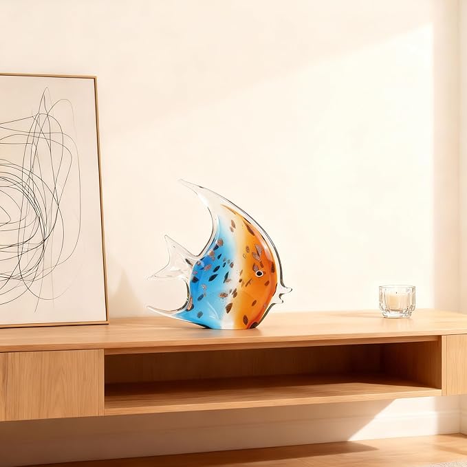 DOVDOV Hand-Blown Glass Fish Decorative Sculpture, Orange Ocean Glass Art Piece, Coastal-Themed Decor Suitable for bedrooms, Offices, Coffee Tables, and TV Stands, Marine Animal Sculpture Art.