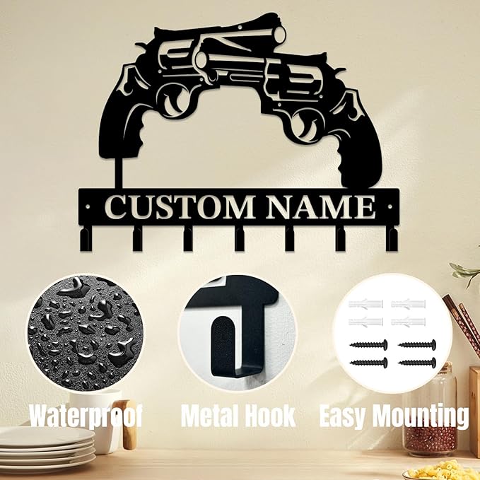 Personalized Custom Name Gun Wall Hooks,Metal Gun Room Art Clothes Hooks,Metal Gun Wall Home Storage Decorative,For Front Door, Hallway, Kitchen, Bedroom,Keys,Hats (Style B)