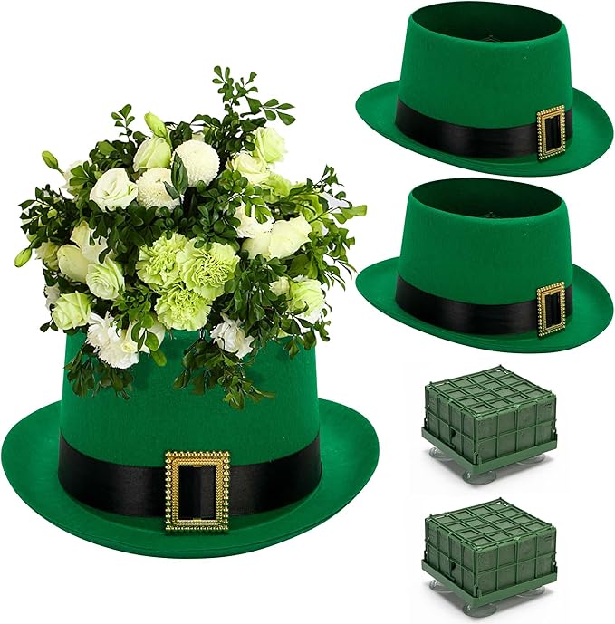 Watayo 2 Pack St. Patrick's Day Hat Flower Pot Set, Irish Green Top Hat Centerpiece with Flower Mud Box, DIY St. Patrick's Day Hat Plant Pots Flower Arrangement Container for Table Home Party Decor