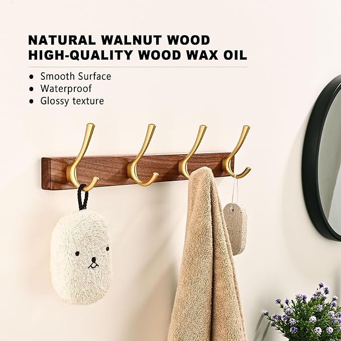 17.3" Small Walnut Wood Coat Rack Wall Mount with 4 Hooks, Heavy Duty Wooden Jacket Hanger Door Mounted for Decorative Entryway Bathroom Hanging Towel Backpack Purse Clothes Hat Key Gold