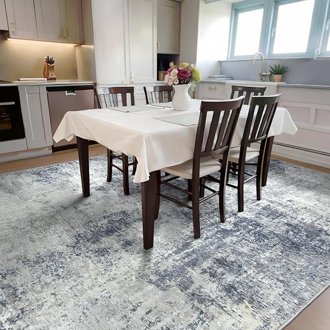 AREAMAY Washable Area Rug 5x7 - Neutral Modern Abstract Rugs, Soft Non Slip Thin Carpet with for Bedroom, Under Dining Room Table, Home, Office, Dorm, Office Rolling Chair - Indigo Gray