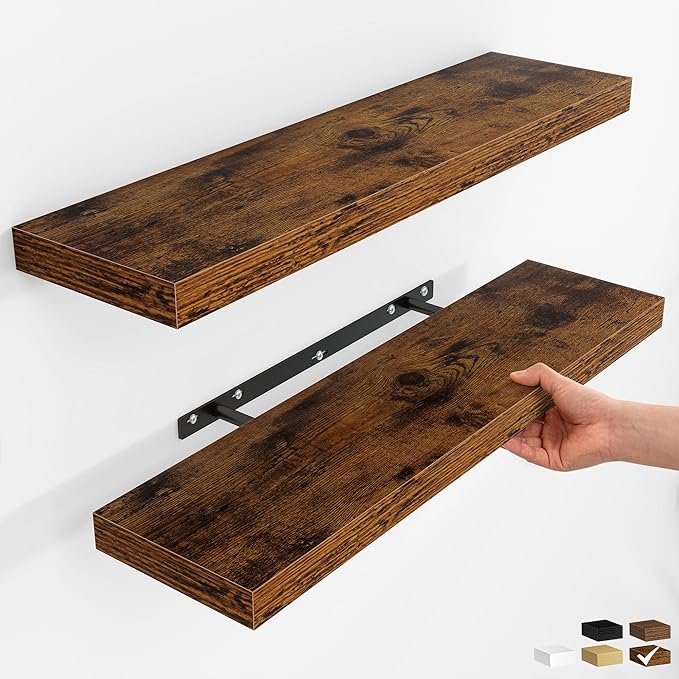 Fun Memories Floating Shelves for Wall, Rustic Wood Wall Mounted Shelves for Bathroom, Bedroom, Living Room and Kitchen, Storage & Home Decor (Set of 2, Brown, 30 in)