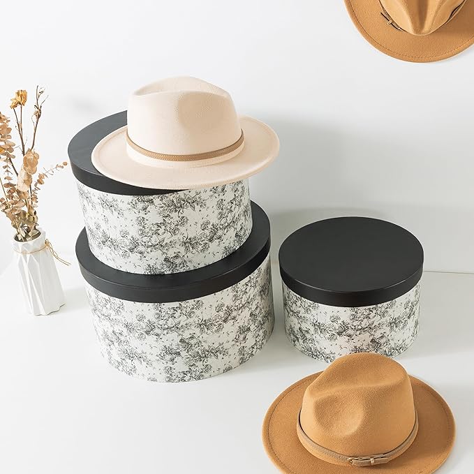 Soul & Lane Floral Hat Round Boxes with Lids, Set of 3 Nesting Cardboard Hat Storage, Large Black Print Cases, Stacking Round Decorative Keepsake Boxes for Organizing