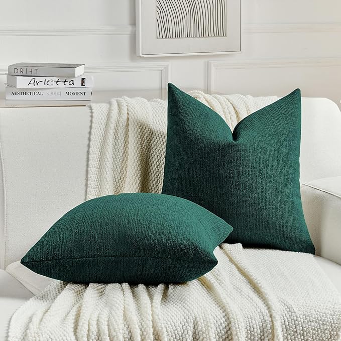FUTEI Teal Chenille Decorative Throw Pillow Covers 18x18 Inch Set of 2,Soft Cozy Faux Linen Textured Cushion Case,Farmhouse Home Decor for Couch Living Room