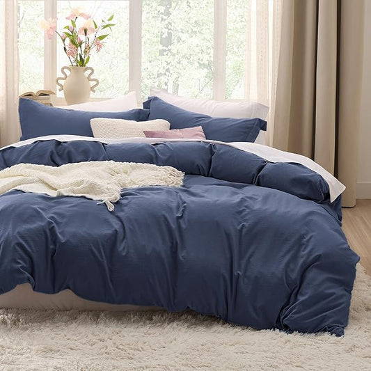 Bedsure Navy Duvet Cover Full Size - 3 Pieces Prewashed Extra Soft Cotton-Like Bedding Set, Includes 1 Duvet Cover 80x90 Inches with Zipper Closure & 2 Pillow Shams, Comforter Not Included