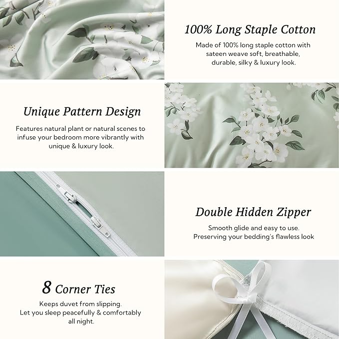MILDLY Queen Size Duvet Cover Set 100% Long-Staple Cotton Luxury Sage Green Floral Patten Reversible Comforter Cover Set 3Pcs