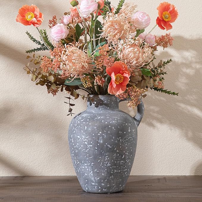 Ceramic Decorative Flower Vase with Handle, 8.85 Inch Pottery Rustic Farmhouse Vase for Home Decor, Living Room, Shelf Decor, Wedding, Housewarming Gift