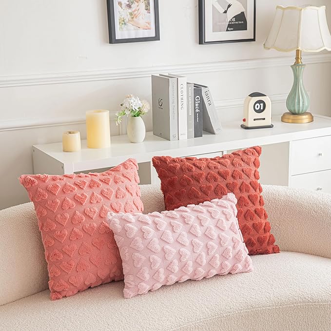 AQOTHES Set of 2 Heart Love Cute Coral Red Decorative Valentines Throw Pillow Covers 24x24, Soft Plush Faux Fur Pillow Covers for Couch Sofa Home Valentines Day Decoration
