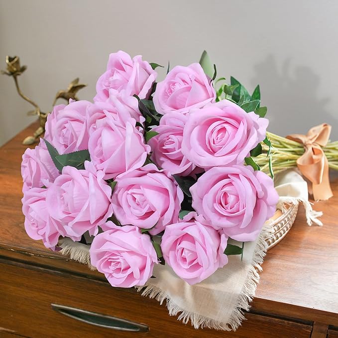 50 PCS Pink Roses Artificial Flowers, Fake Roses with Stem Realistic Silk Roses for DIY Wedding Bouquets Table Centerpieces Arrangements Baby Shower Birthday Home Decor Valentine's Day Gift for Her