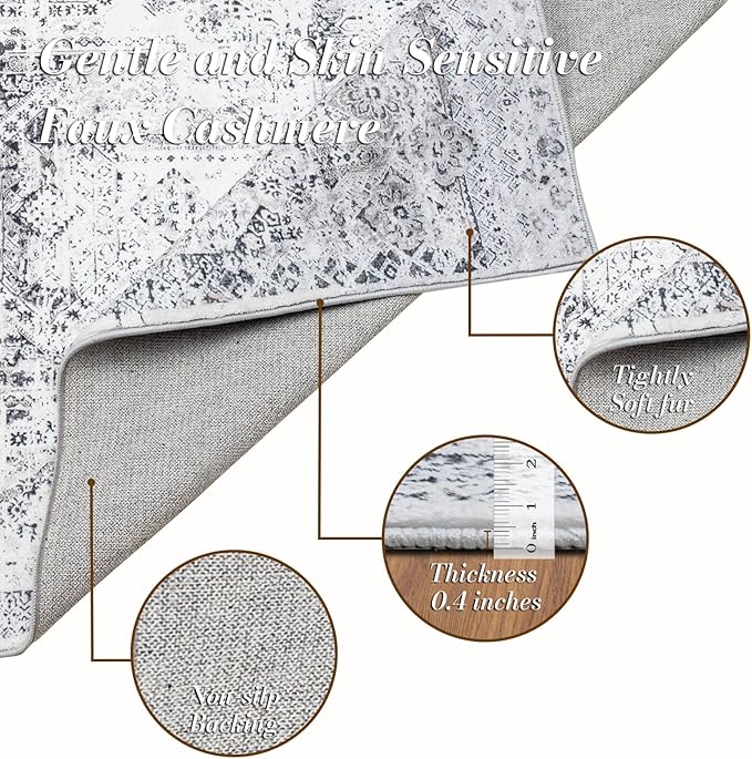 Domitapis Area Rug 3×5, Vintage Boho Rug,Ultra-Soft Low Pile, Washable, Non Slip,Stain Resistant Printed Carpet for Living Room Bedrooms Playroom Office Kitchen, Classic-Grey