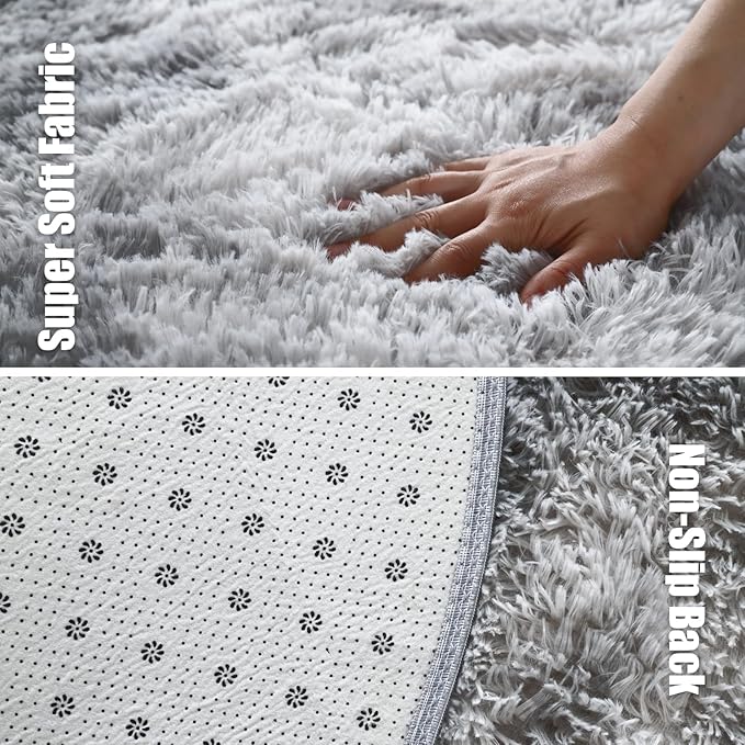 Tie-Dyed Fluffy Round Rug,Soft Area Rugs for Girls Room,Shaggy Rugs 5'X5' for Living Room,Non Slip Circle Rug for Kids Bedroom,Shag Plush Nursery Rug,Plush Carpet for Dorm,Furry Room Decor,Light Grey
