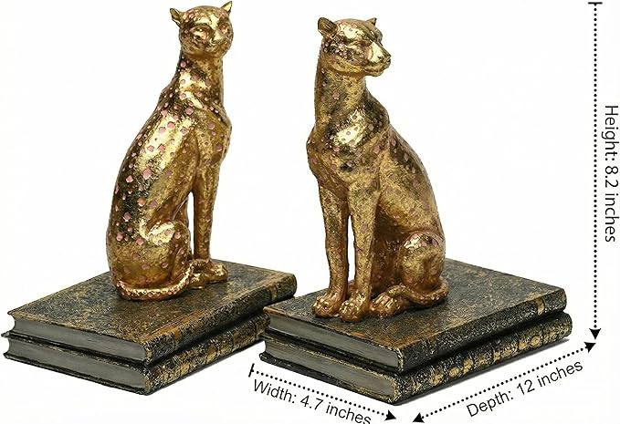 Comfy Hour Gold Cheetah Decorative Bookends, Unique Leopard Wildlife Art Book Ends for Shelves, Heavy Duty Resin Animal Statues for Books, 1 Pair