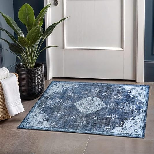 Beverly Rug Non Slip Rugs 2x3 Boho Medallion Floral Non Skid Rubber Backing Easy Silk Soft Entryway Rug for Living Room Easy to Clean Non Shedding Kitchen Bedroom Indoor Carpet (2 x 3 Blue - Gray)
