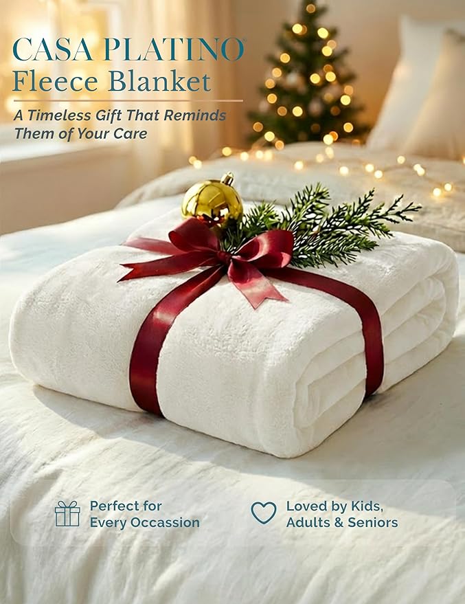 Casa Platino Fleece Blanket King Size – 300 GSM White Fleece Throw for Bed or Couch – Soft Cozy Warm Holiday Bed Blanket for Winter, Fuzzy Plush Elegant Gifts for Men & Women - 108x90 Inch