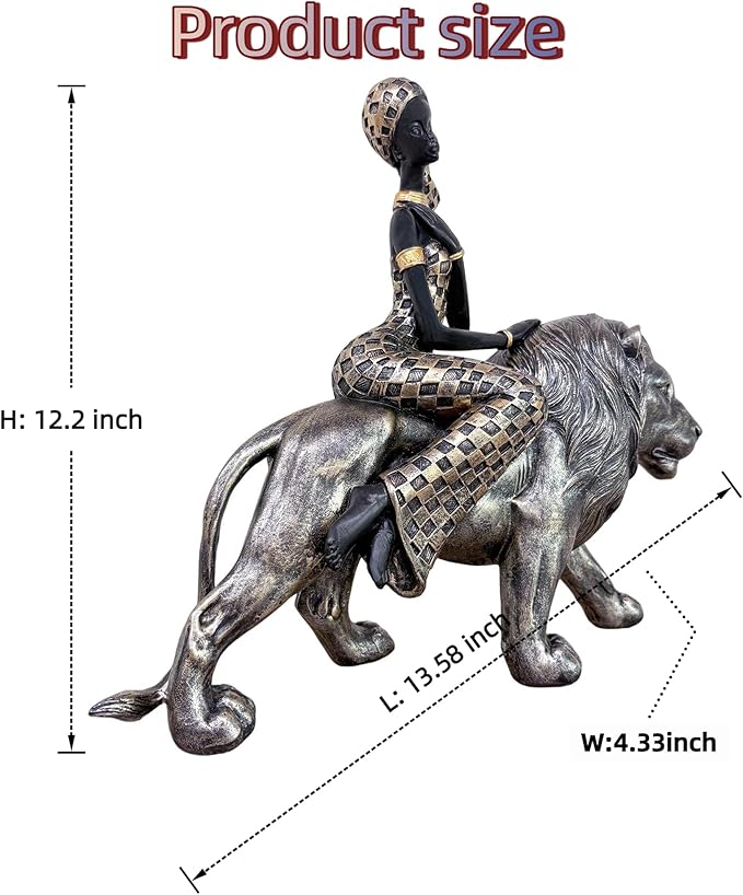 African Woman on Bronze Lion Statue – Resin Figurine, Tribal Cultural Sculpture, African Home Decor Collectible