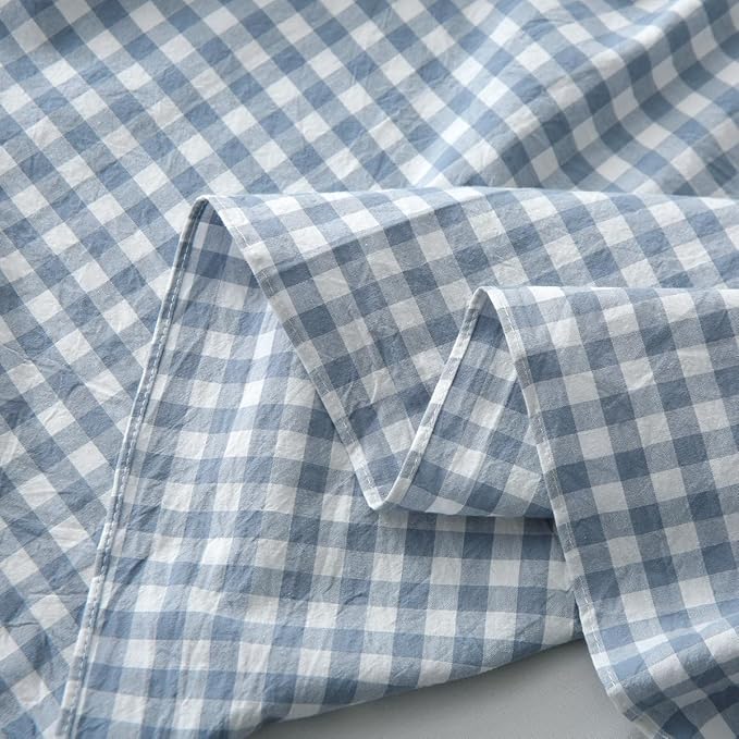 Silnuo Blue/White Plaid Bed Skirt Washed Cotton Shabby Gingham Checkered Dust Ruffle King Size 18" Bedding(1 Bed Skirt Only)