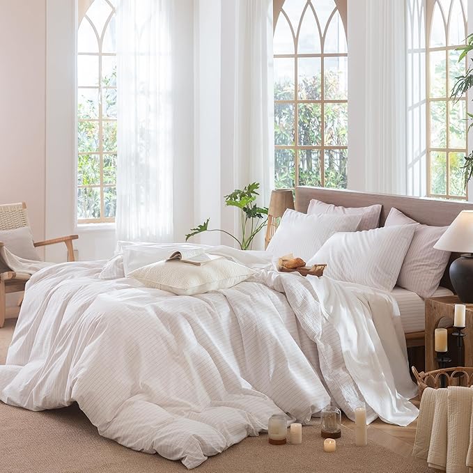 MooMee Striped Duvet Cover Set 100% Washed Cotton Linen Like Textured Breathable Durable Soft Comfy (White Heathered Greyish Pink Wide Stripes, Full 80"x90")