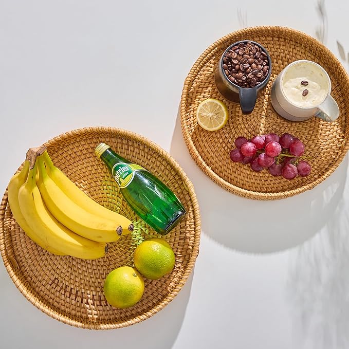 Round Rattan Serving Tray,Hand-Woven Tray with Handles, Ottoman Decorative Coffee Table Tray,Wicker Storage Basket for Tea,Fruit,Bread (Natural, 13.5")