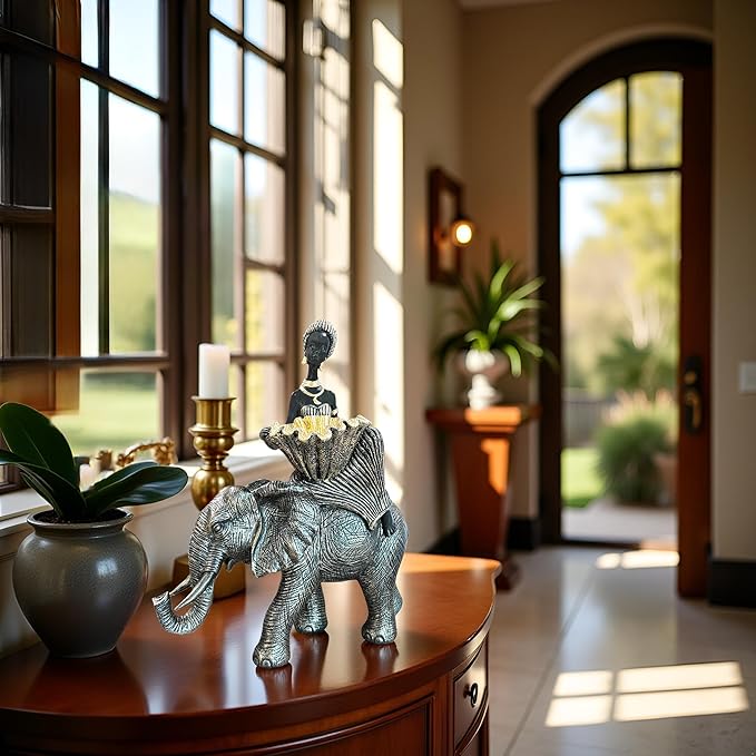 African Woman Riding Elephant Statue with Decorative Bowl, African Figurine Sculpture, Black and Gold Elephant Decor, Jewelry Tray Trinket Dish, Cultural Home Decor Gift